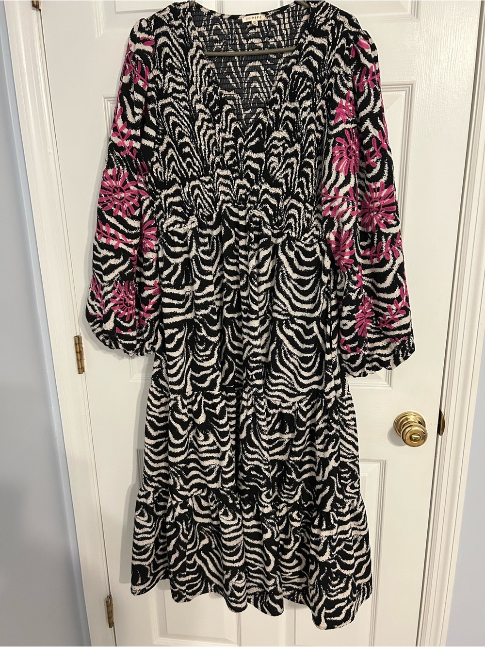 JODIFL Black and White Zebra Maxi Dress with Pink Floral Sleeves